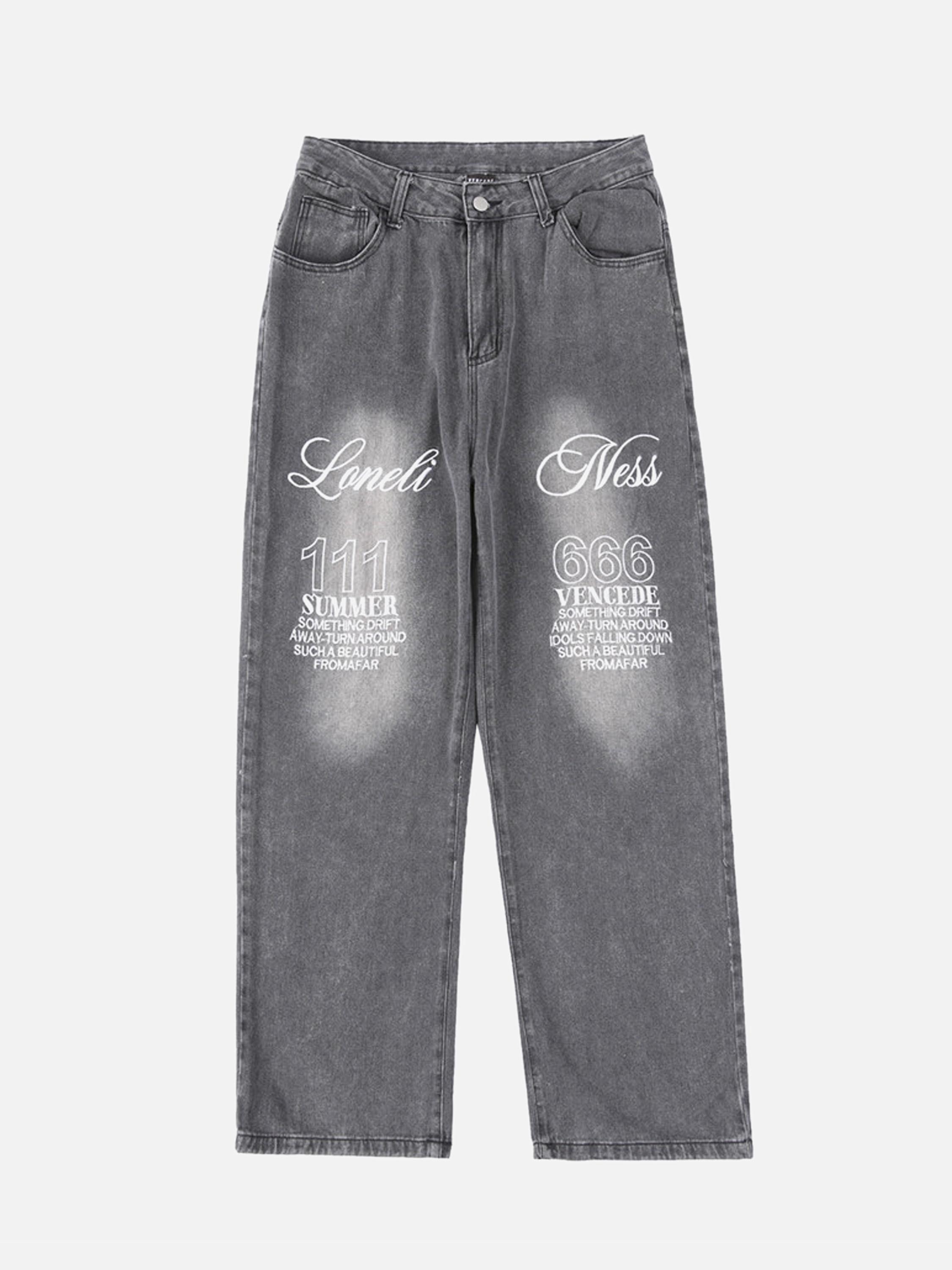 Gen Z Streetwear: Embroidered Letters Denim Nine-Quarter Pants