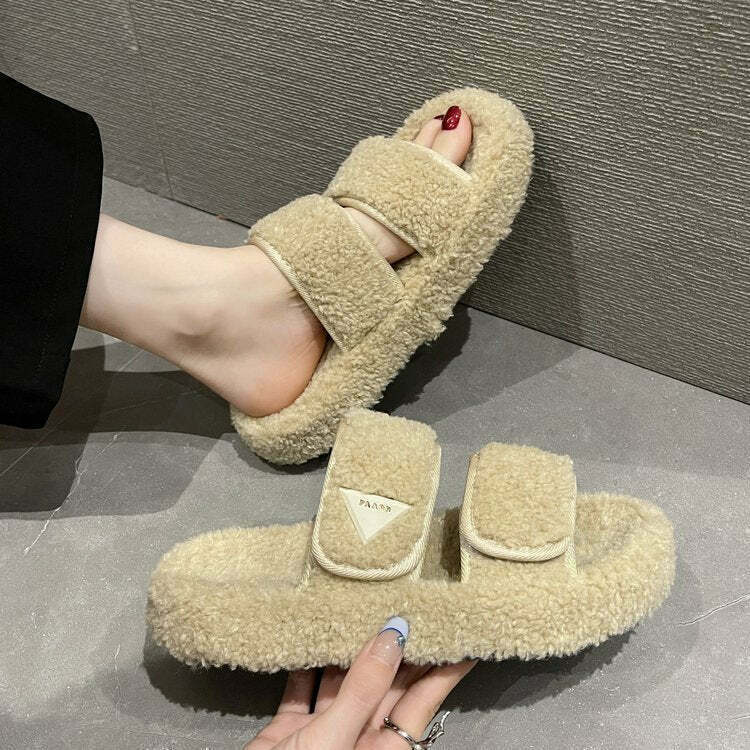 Gen Z Streetwear: Flat Plush Velcro Slippers in Solid Colors