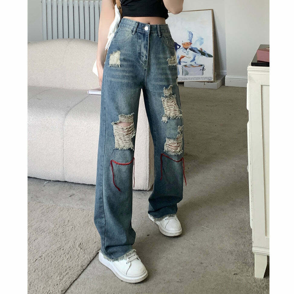 Gen Z Streetwear: High-Rise Ripped Jeans for K-POP & Y2K Style