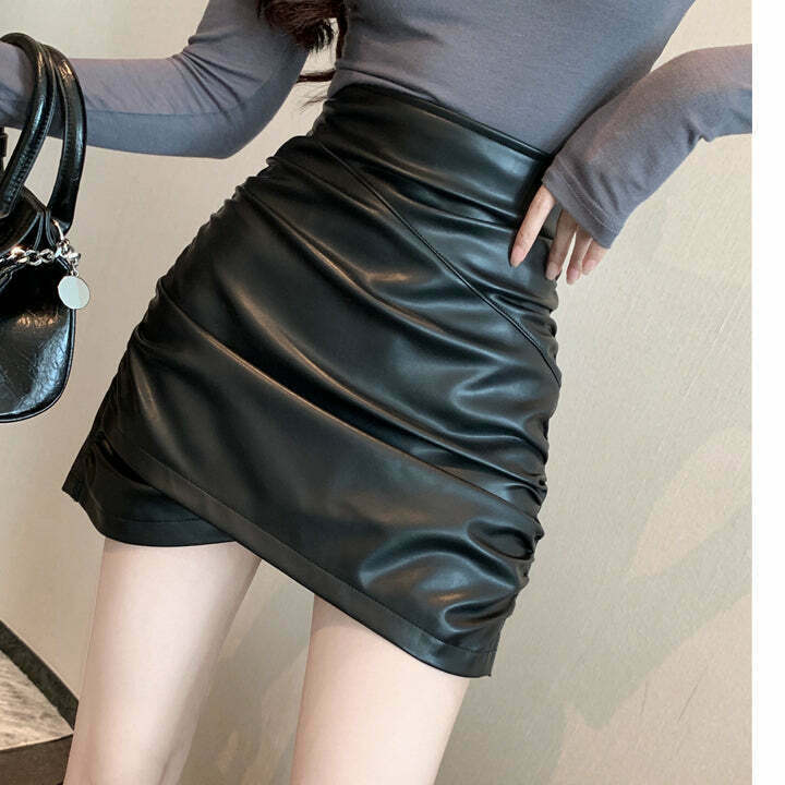 Gen Z Streetwear: High Waist A-Line Leather Skirt for K-POP & Y2K Style