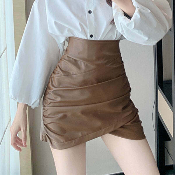 Gen Z Streetwear: High Waist A-Line Leather Skirt for K-POP & Y2K Style