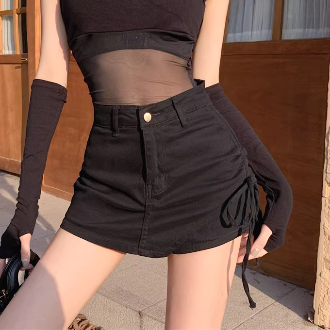 Gen Z Streetwear: High Waist Denim Skirt with Side Drawstring