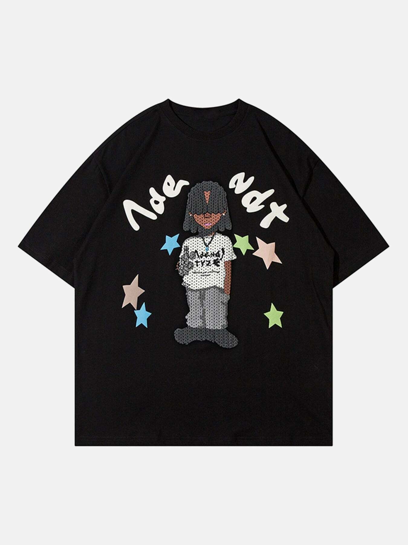 Gen Z Streetwear: Hip Hop Cartoon Character Print Tee for K-POP & Y2K Fashion