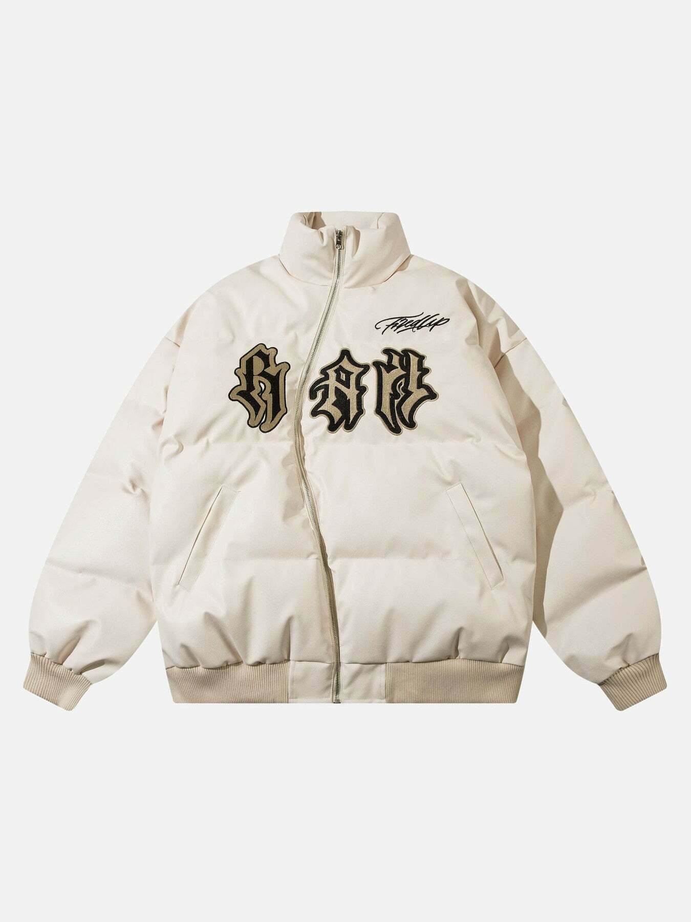 Gen Z Streetwear: Letter Embroidered Cotton Jacket with Diagonal Zipper