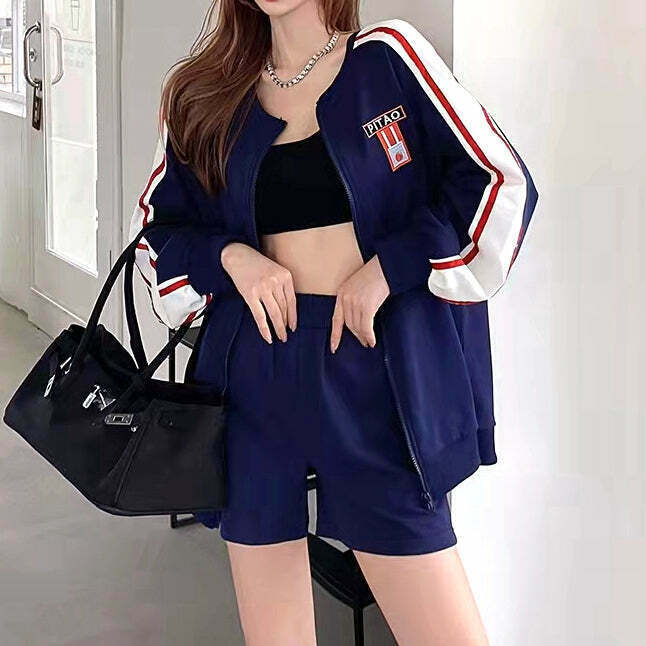 Gen Z Streetwear Long-Sleeve Sweater & Zipper Shorts Set