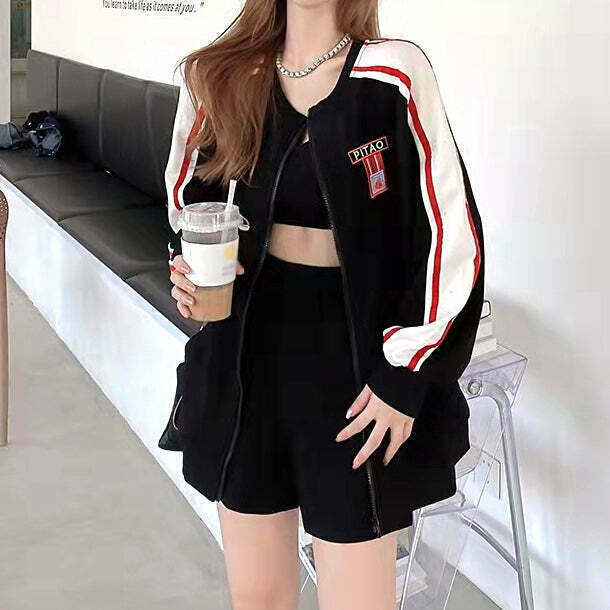 Gen Z Streetwear Long-Sleeve Sweater & Zipper Shorts Set