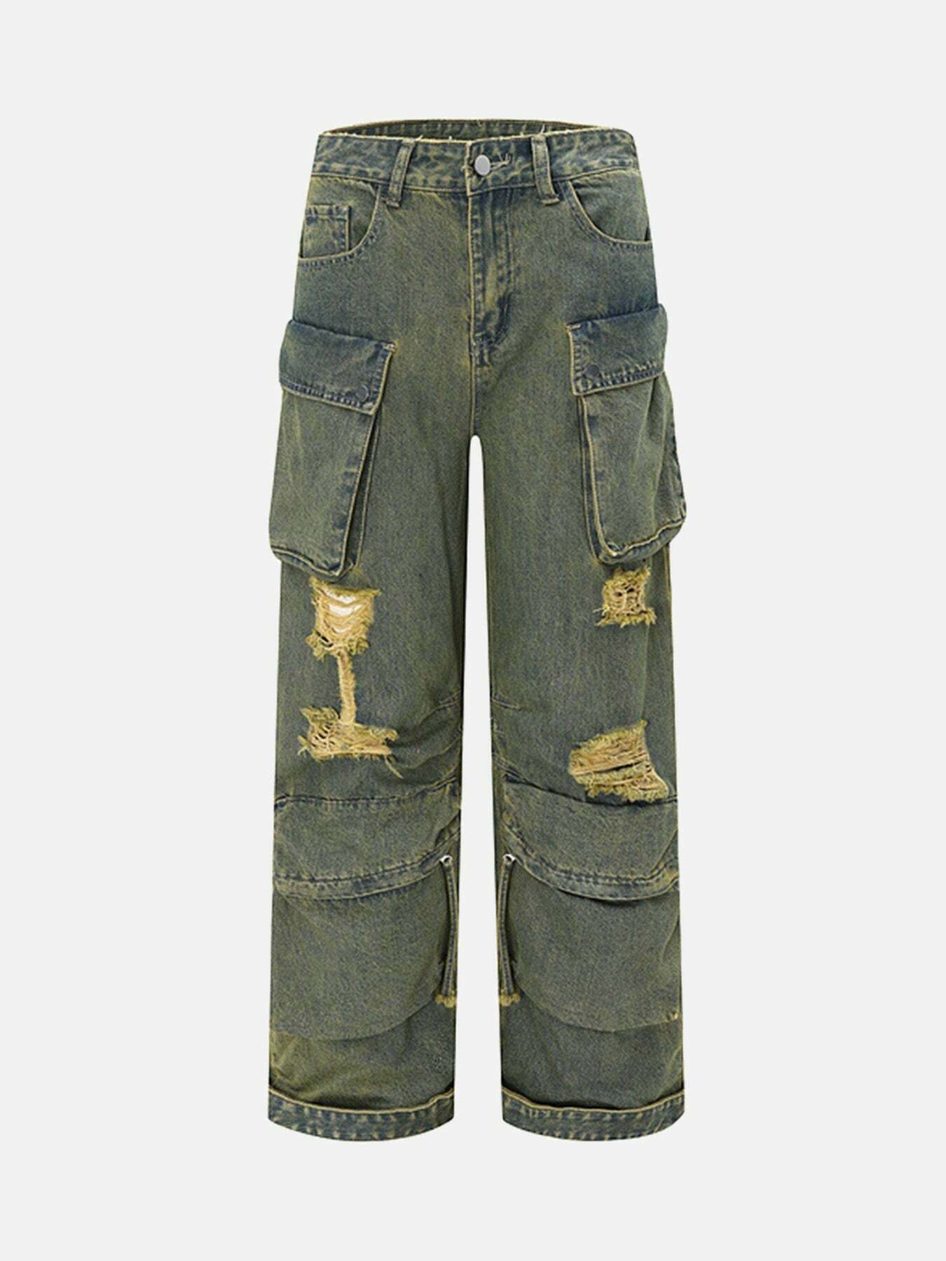 Gen Z Streetwear: Multi-Pocket Loose Jeans for Y2K Fashion - 1789