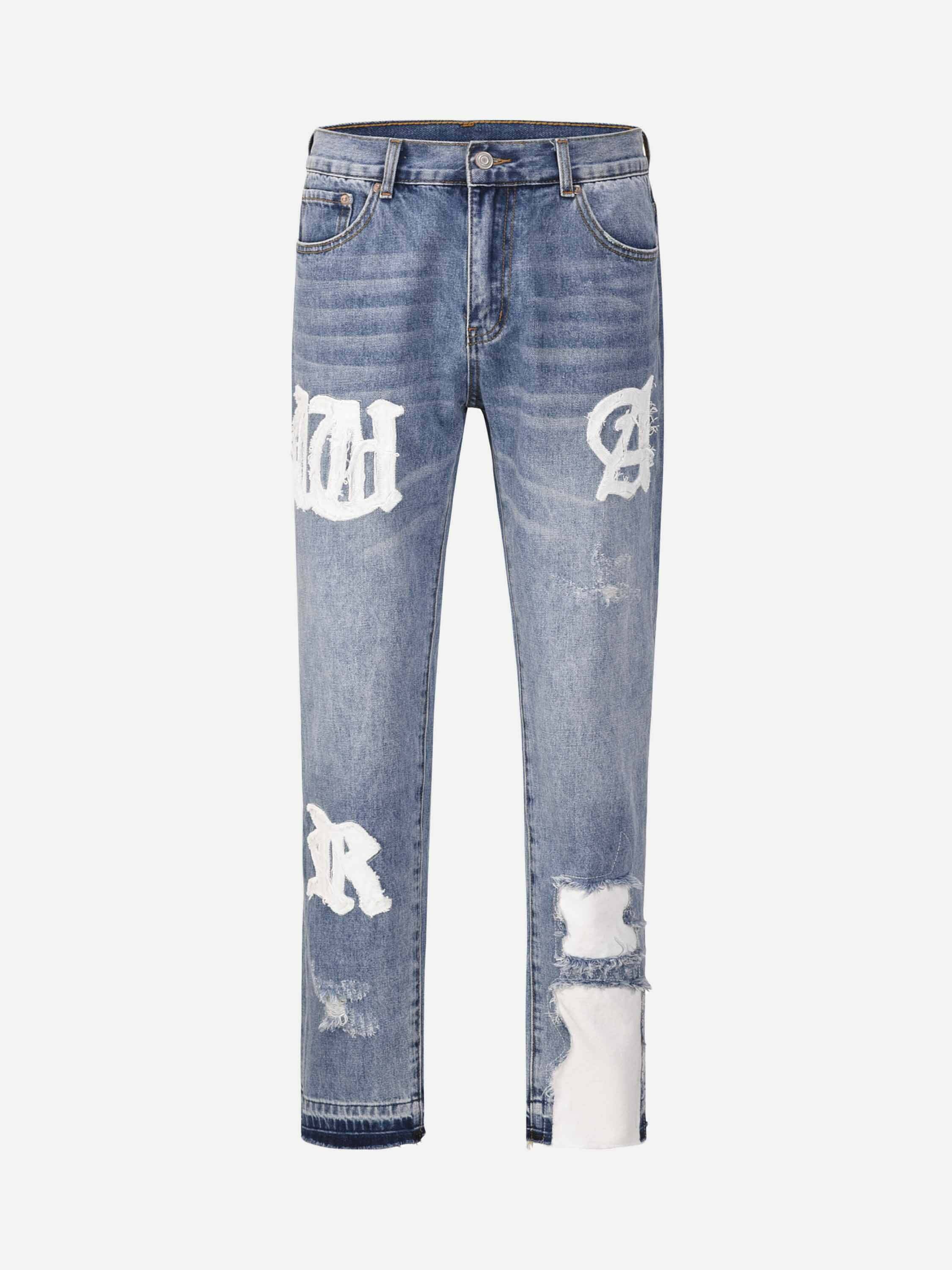 Gen Z Streetwear: Patchwork Print Frayed Straight Jeans - Y2K Style