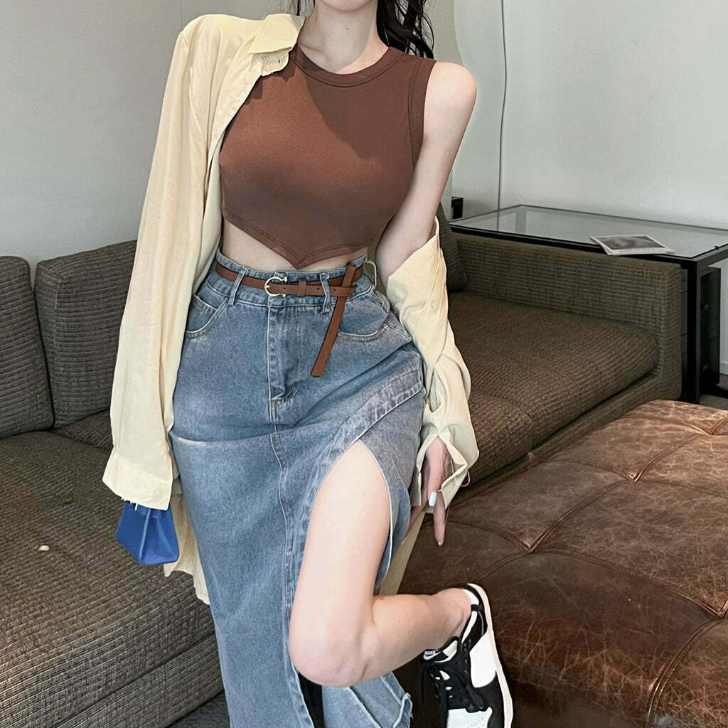 Gen Z Streetwear Set: Tank Top, Long-Sleeve Shirt & Denim Skirt