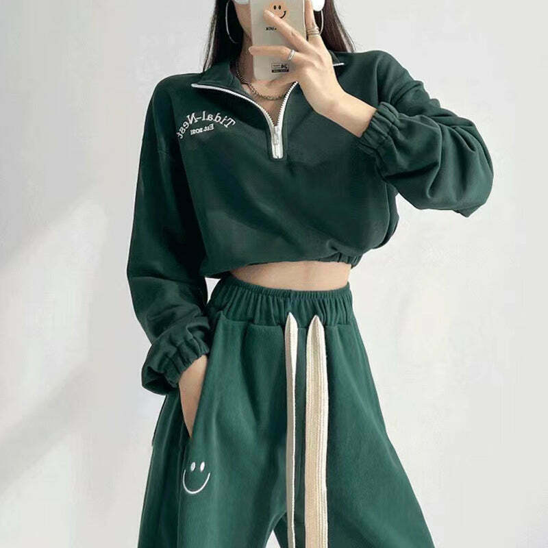 Gen Z Streetwear Set: Zipper Cropped Sweatshirt & Elastic Waist Pants