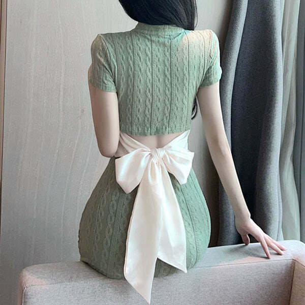 Gen Z Streetwear Short-Sleeve Qipao Dress with Back Bow Detail