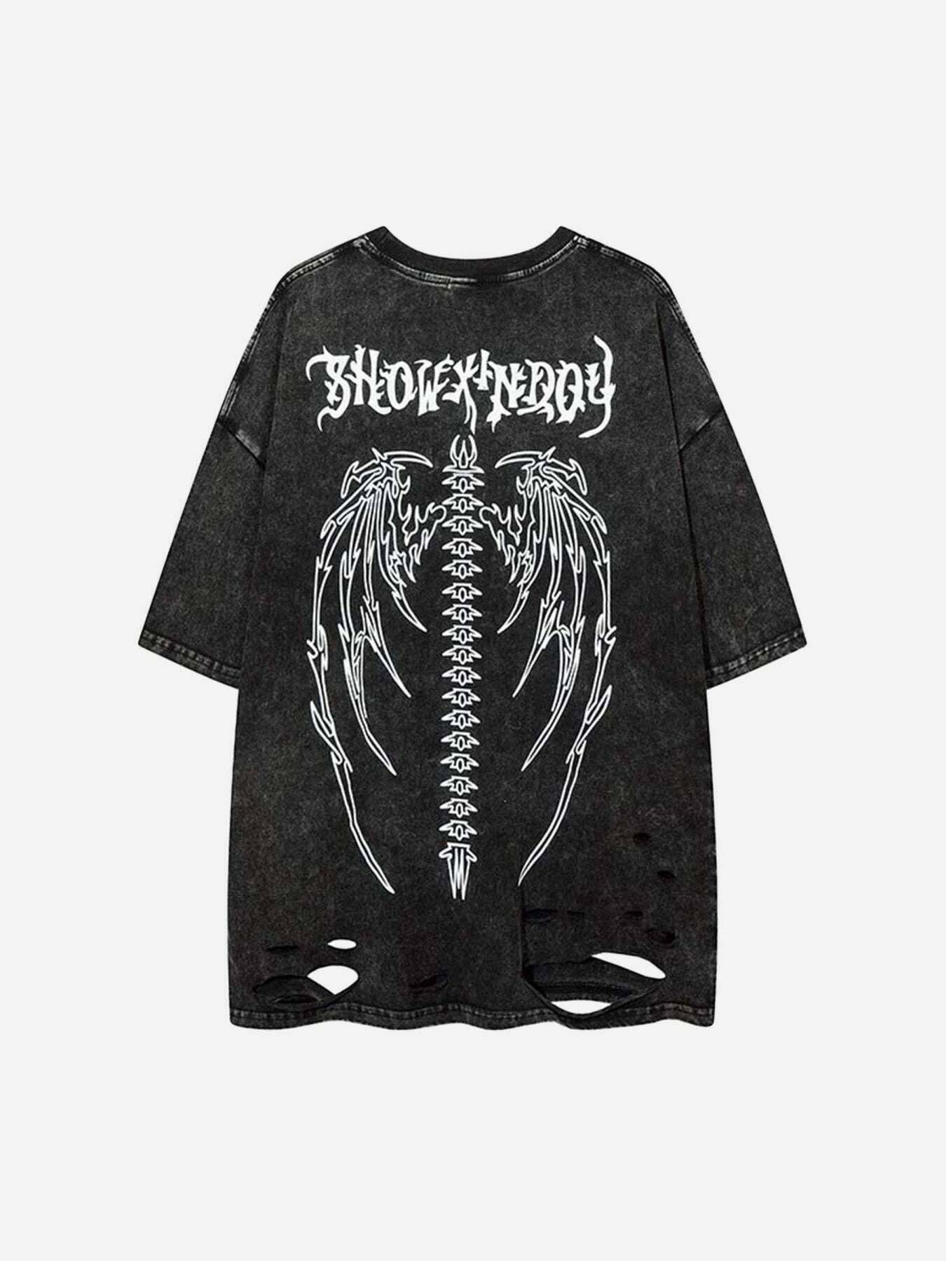 Gen Z Streetwear: Skeleton Wings Print Raglan Tee for K-POP & Y2K Fashion