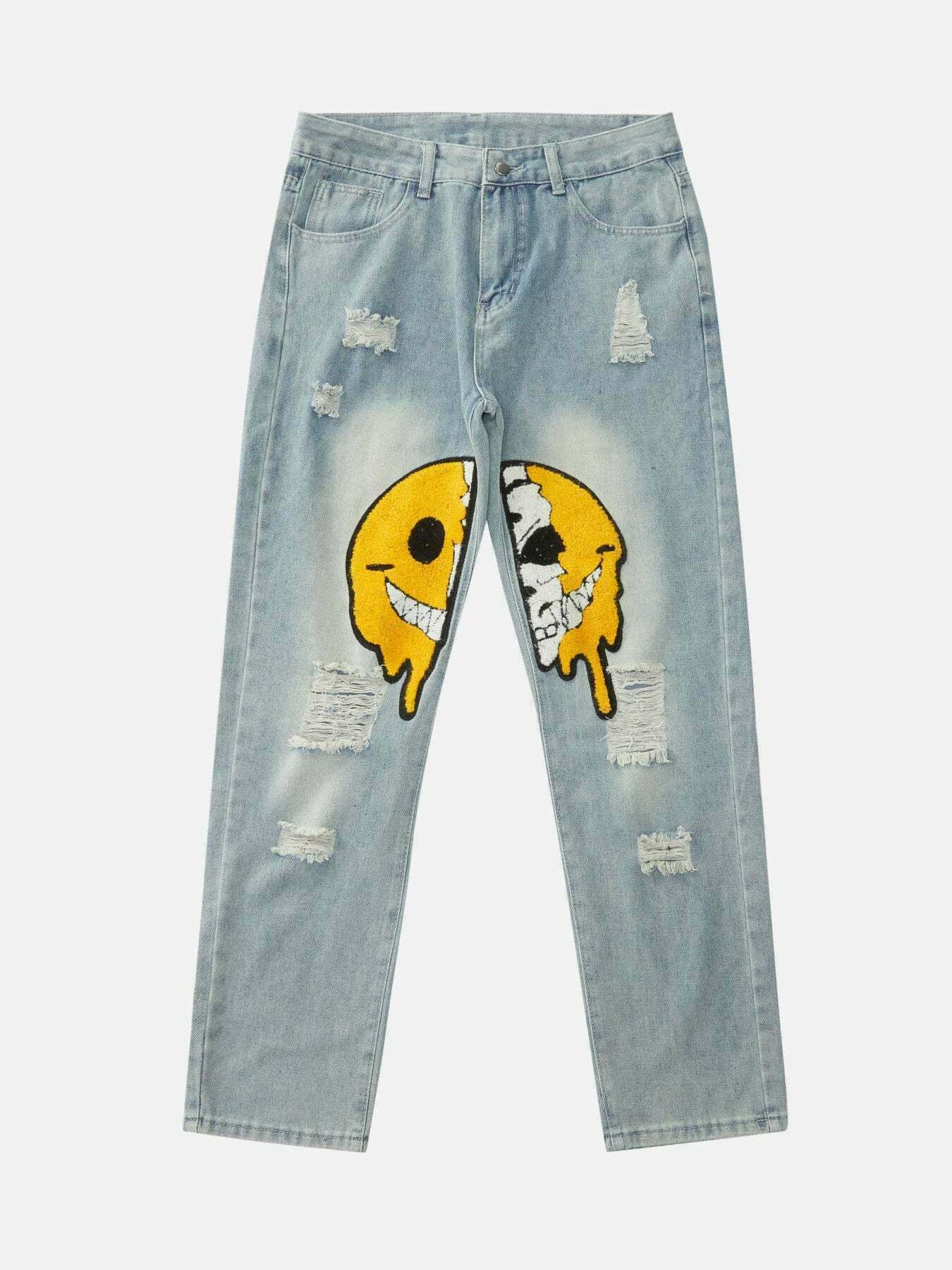 Gen Z Streetwear: Smiley Face Embroidered Y2K Jeans