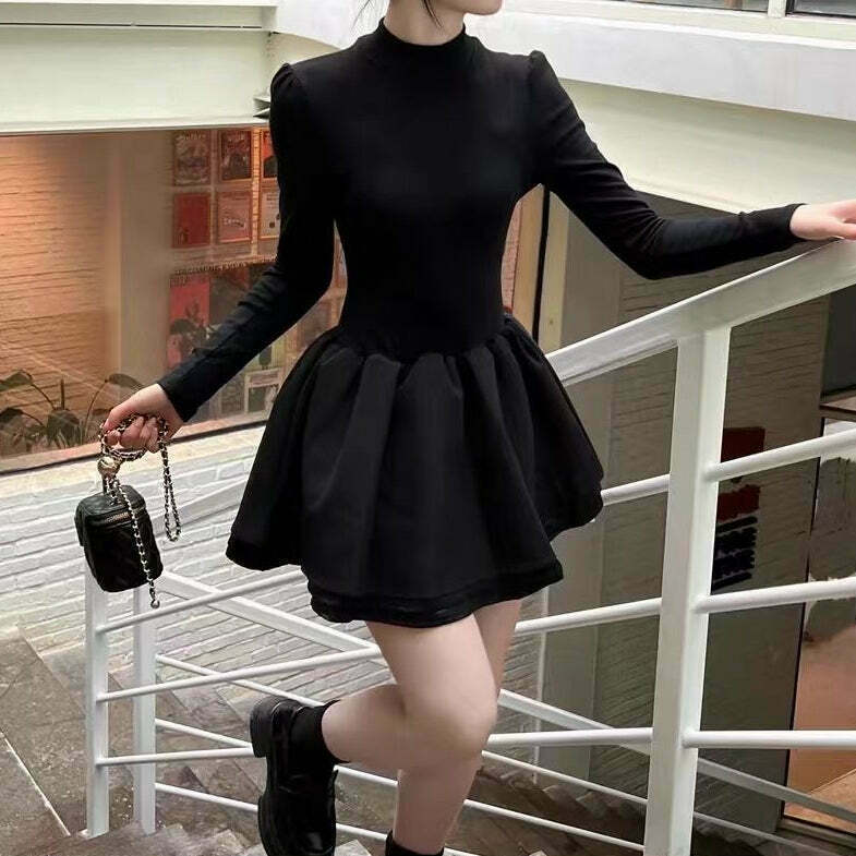 Gen Z Streetwear: Threaded Princess Style Black Dress for Y2K Fashion