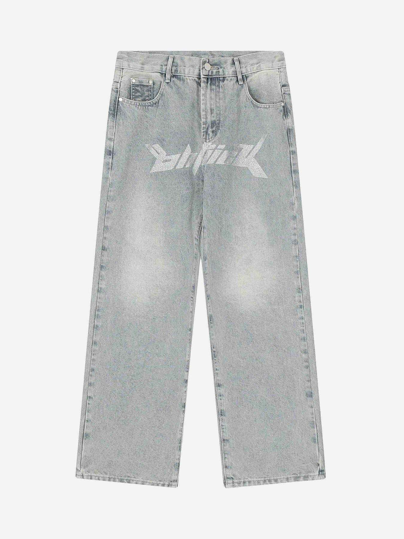 Gen Z Streetwear: Trendy Dark Letter Print Jeans for K-POP & Y2K Fashion