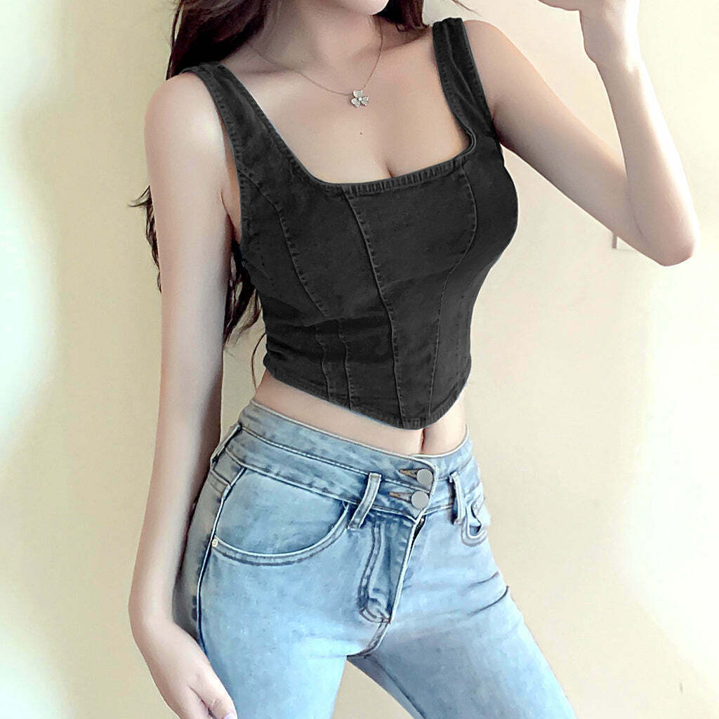 Gen Z Streetwear: Zipper Denim Vest Top with Square Neck