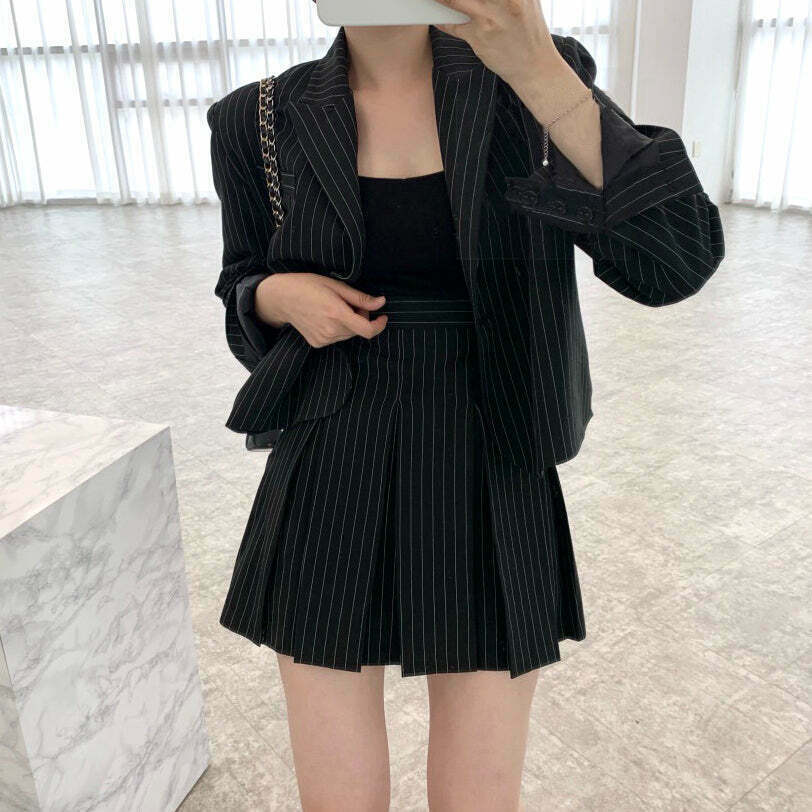 Gen Z Striped Blazer Top & Pleated Skirt Set | Y2K Fashion