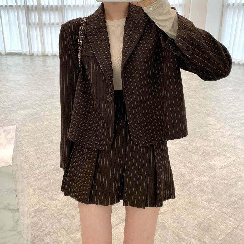 Gen Z Striped Blazer Top & Pleated Skirt Set | Y2K Fashion