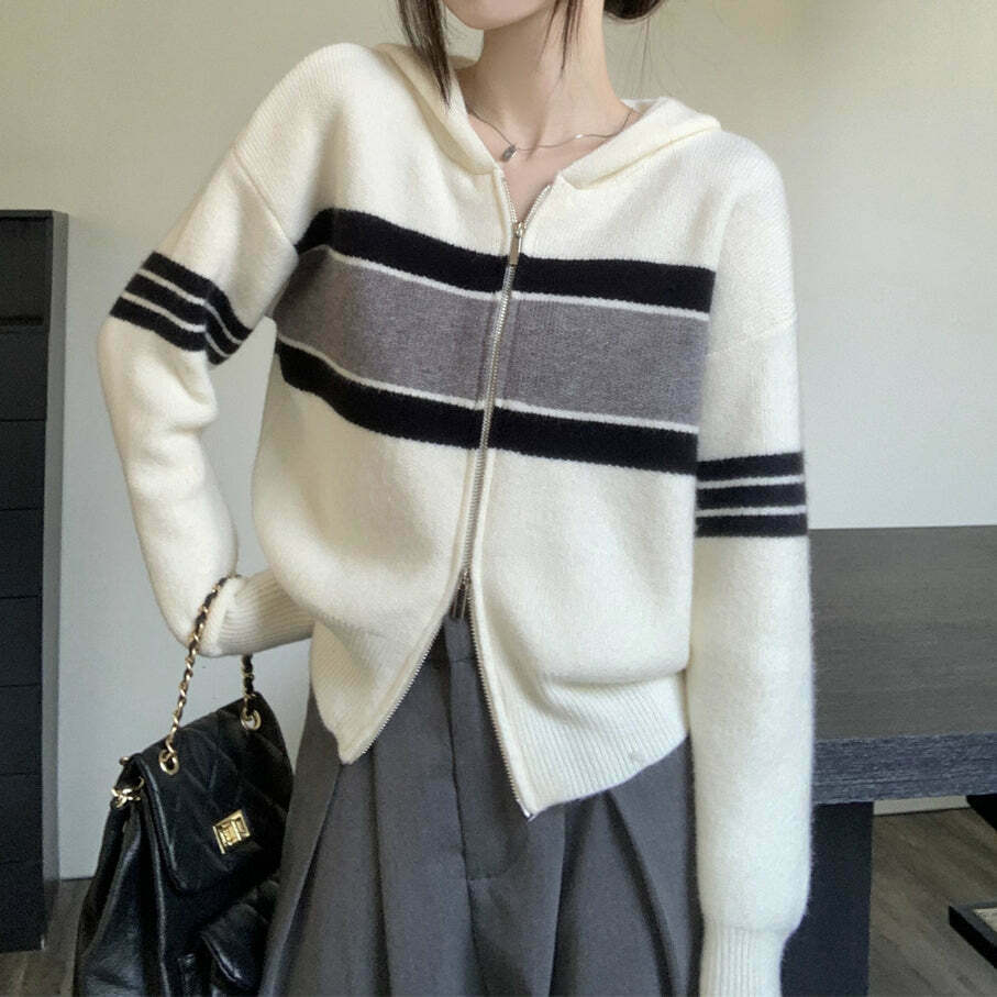 Gen Z Striped Double Zip Hooded Knit Cardigan for Streetwear Fashion