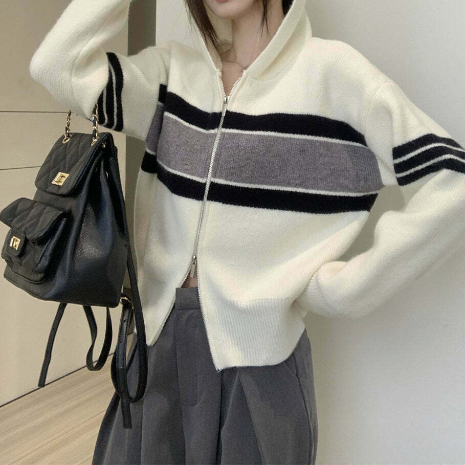 Gen Z Striped Double Zip Hooded Knit Cardigan for Streetwear Fashion