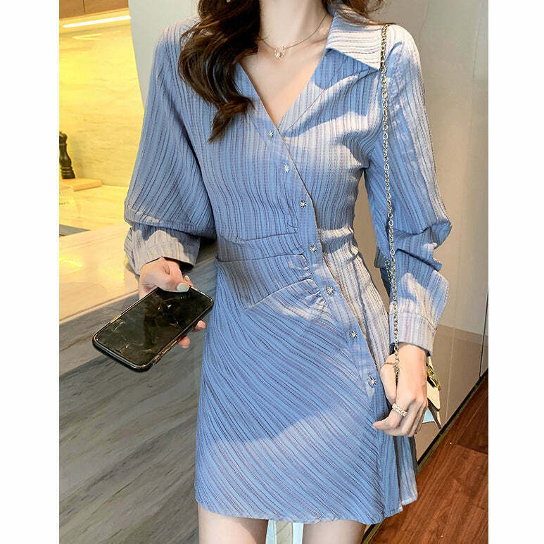 Gen Z Striped Long Sleeve Button-Up Shirt Dress for Y2K Streetwear Style