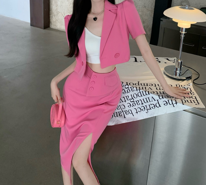 Gen Z Summer Suit Set: Blazer & High-Waisted Slit Skirt