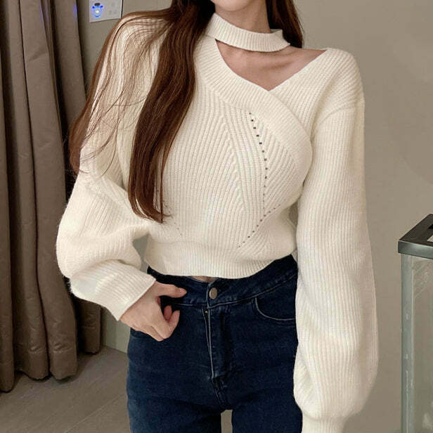 Gen Z V-Neck Puff Sleeve Knit Sweater: Y2K Streetwear Fashion