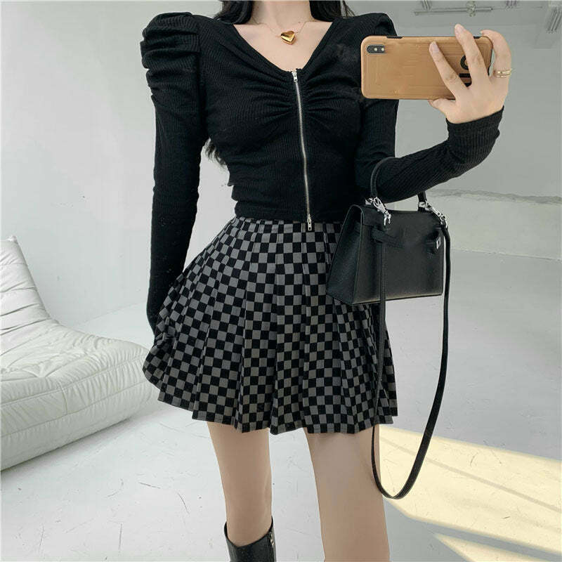 Gen Z V-Neck Puff Sleeve Knit Top with Checkerboard Skirt - Y2K Streetwear Fashion