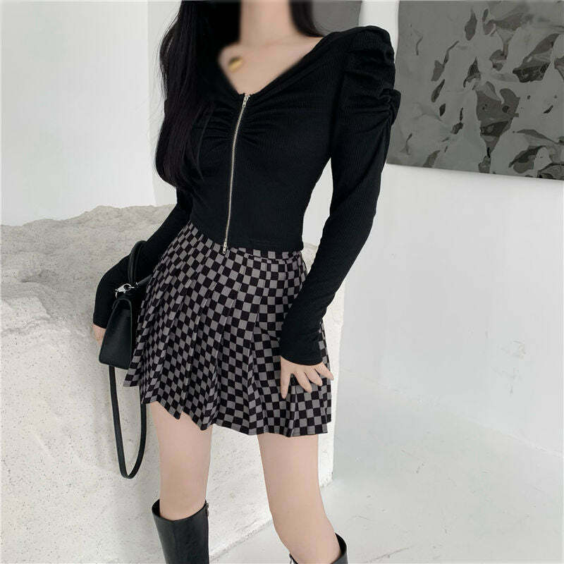 Gen Z V-Neck Puff Sleeve Knit Top with Checkerboard Skirt - Y2K Streetwear Fashion