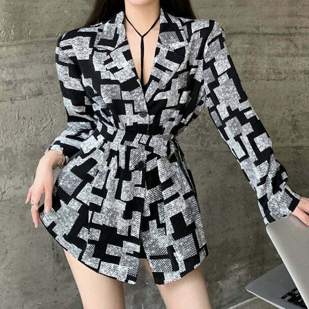 Geometric Print Long Sleeve Shirt with Blazer Collar - Trendy Gen Z Streetwear