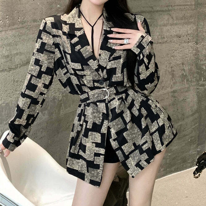 Geometric Print Long Sleeve Shirt with Blazer Collar - Trendy Gen Z Streetwear