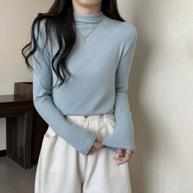 German Velvet Brushed Half Turtleneck Tee for Gen Z Streetwear Style