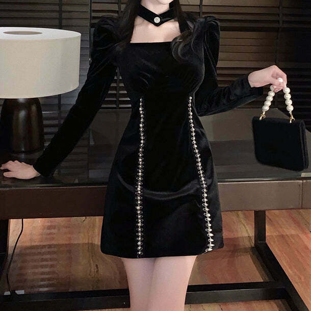 Gold Velvet Beaded Hepburn Style Black Cocktail Dress for Gen Z & K-POP Fashion