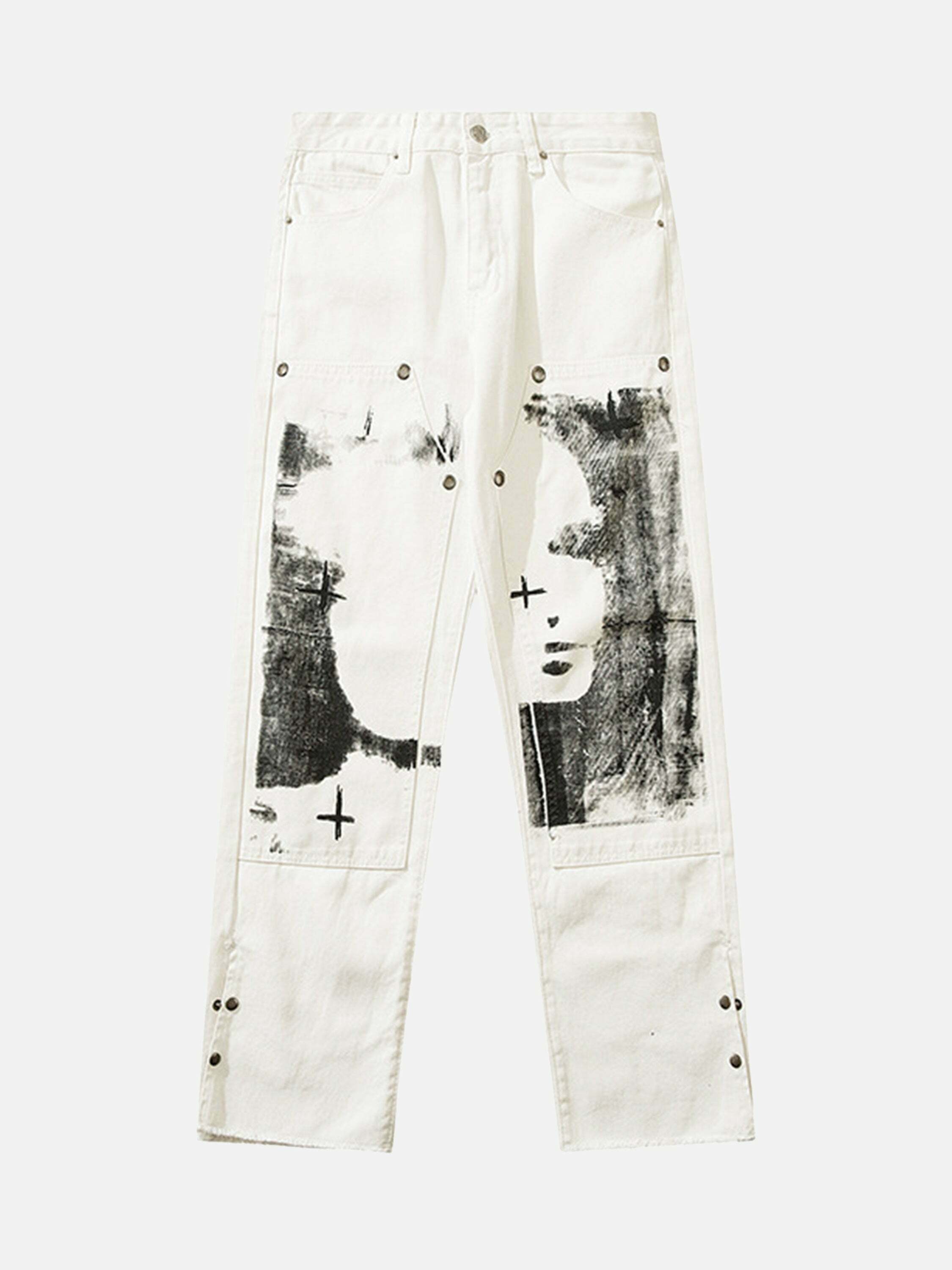 Graffiti Print White Straight Jeans for Gen Z Fashion - Y2K Streetwear