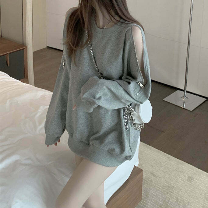 Gray Zip-Off Shoulder Sweatshirt: Gen Z K-POP Streetwear Y2K Style