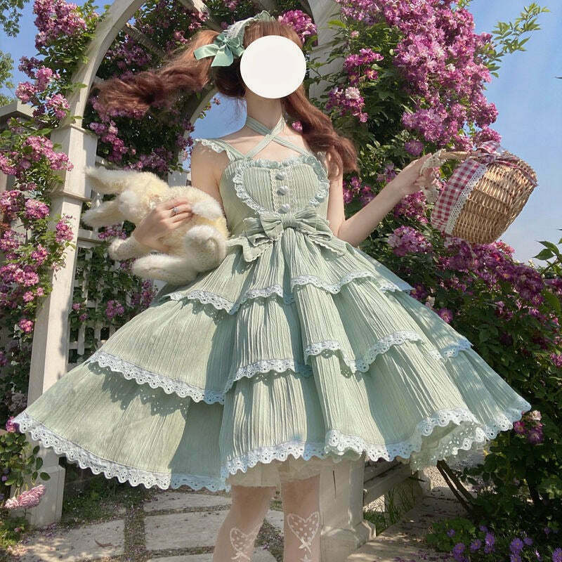 Green Spring Meadow Heart Kawaii Dress for Gen Z Streetwear Fashion