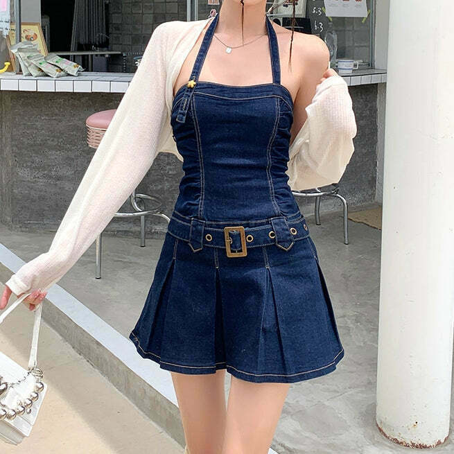 Halter Neck Denim Dress with A-Line Silhouette for Gen Z Fashionistas