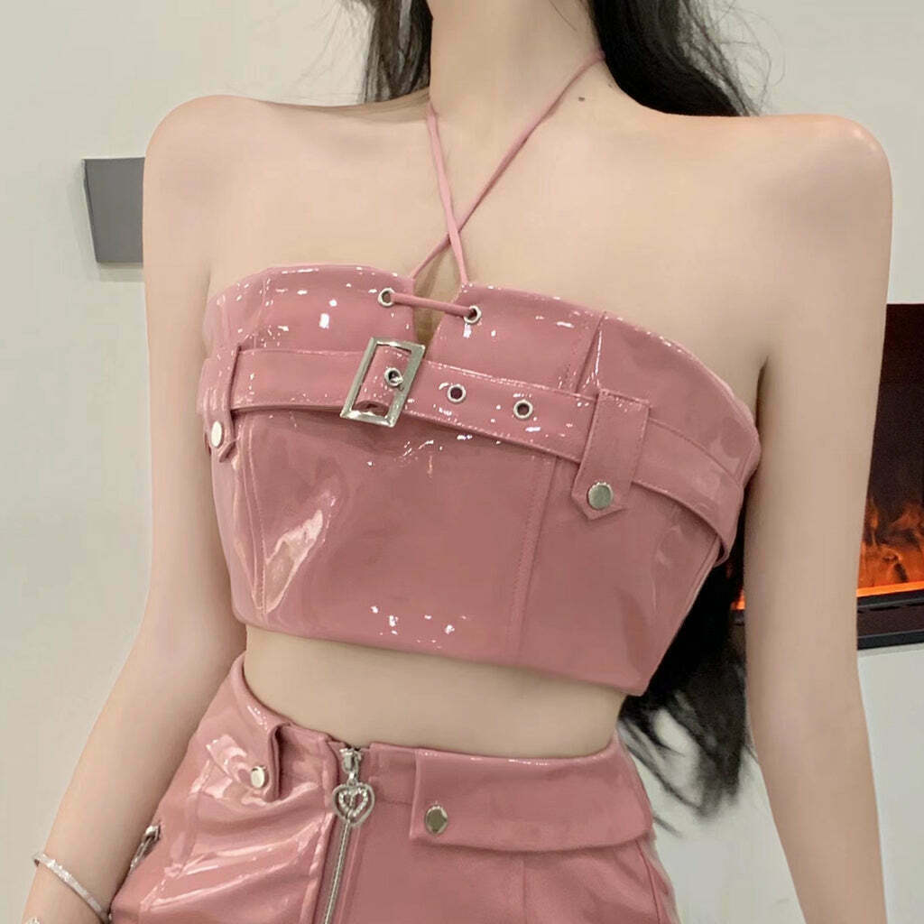 Halter Neck Tube Top and Zipper Skirt Set in Pink | Gen Z K-POP Streetwear Y2K Fashion