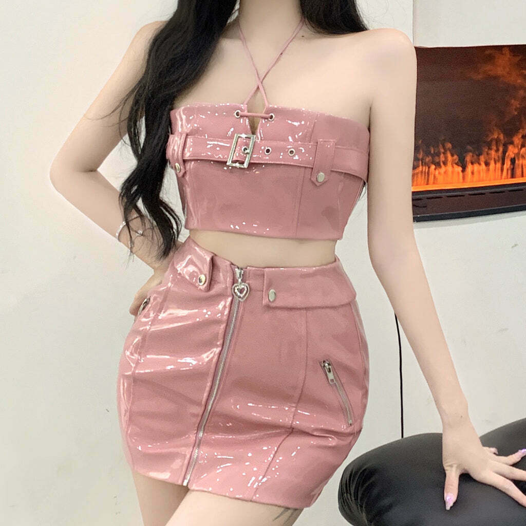 Halter Neck Tube Top and Zipper Skirt Set in Pink | Gen Z K-POP Streetwear Y2K Fashion