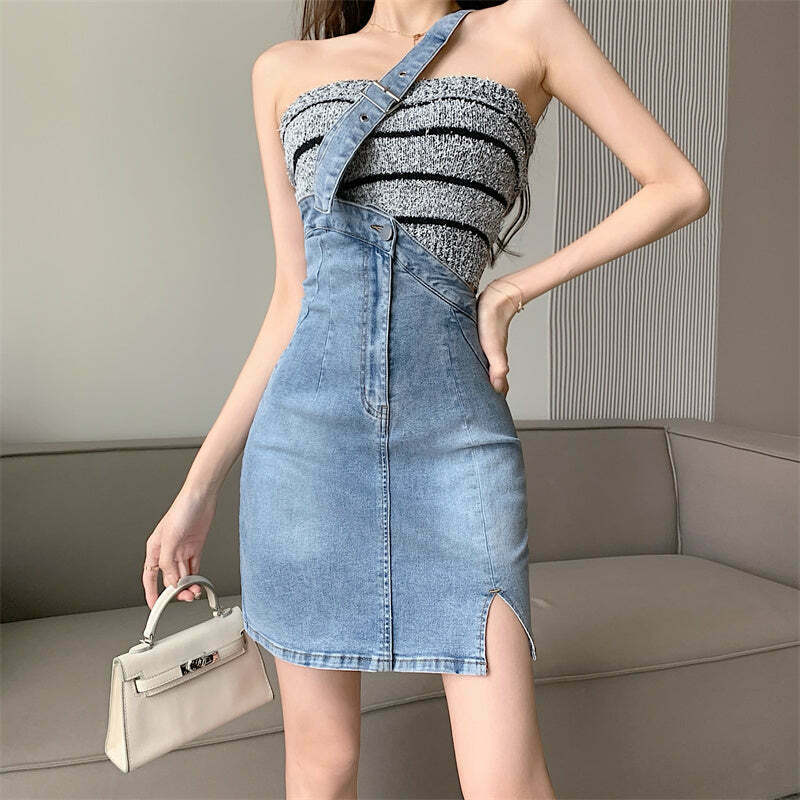 High-Waist A-Line Denim Skirt with Suspenders - Gen Z Streetwear Fashion