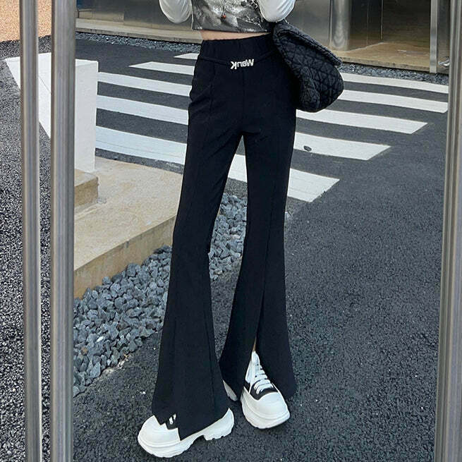 High Waist Black Micro Flared Pants with Slit Detail - Trendy Gen Z Streetwear for K-POP and Y2K Fashion