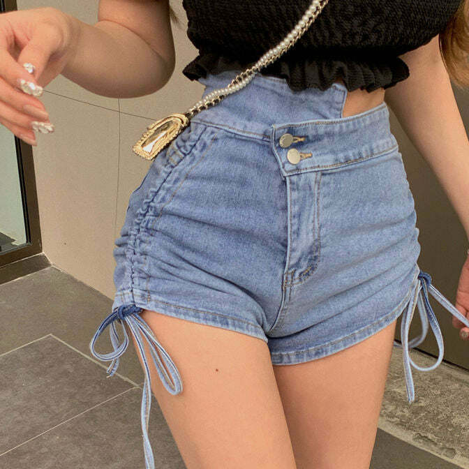 High Waist Diagonal Button Denim Shorts for Gen Z Streetwear Fashion