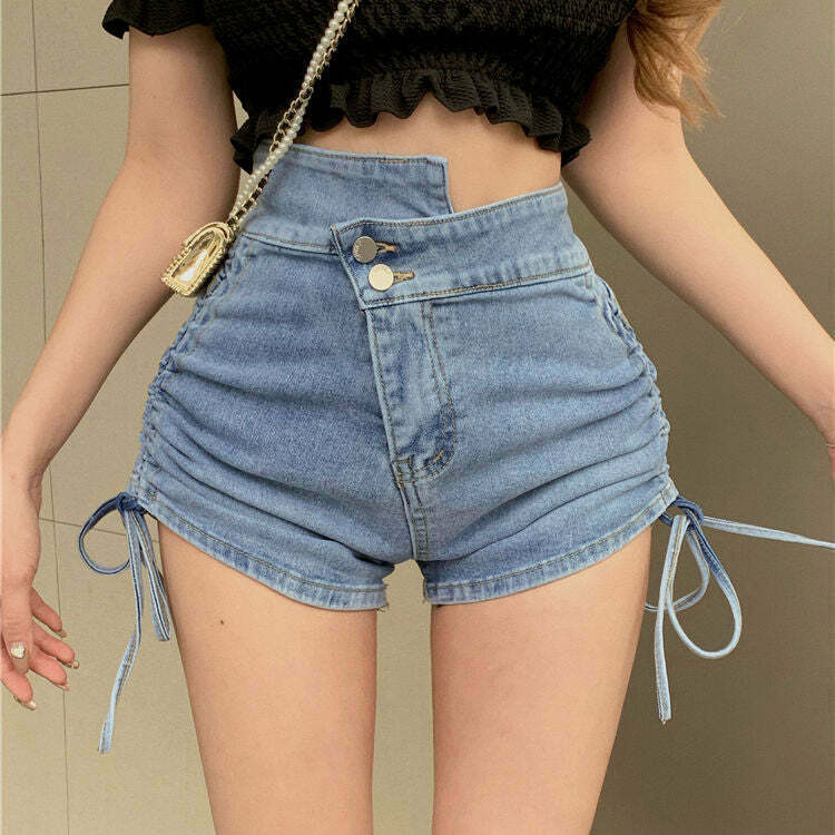 High Waist Diagonal Button Denim Shorts for Gen Z Streetwear Fashion