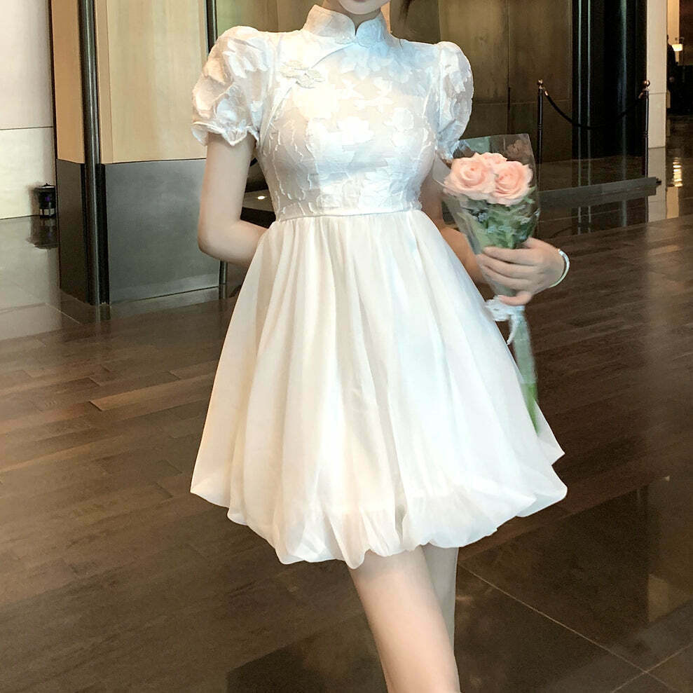 High Waist Puff Sleeve Jacquard Qipao Dress - Gen Z K-POP Streetwear Y2K