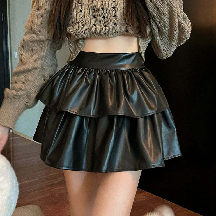 High Waist Ruffled Puffy Leather Skirt for Gen Z Streetwear