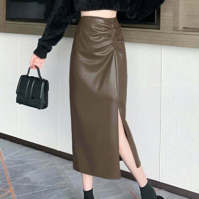 High-Waisted A-Line Leather Skirt with Slit - Trendy Gen Z K-POP Streetwear