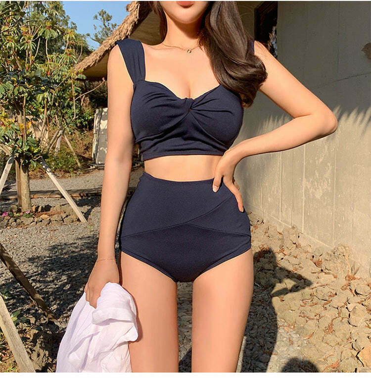 High-Waisted Split Swimsuit: Trendy Gen Z K-POP Streetwear