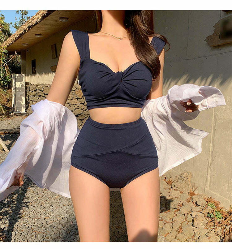 High-Waisted Split Swimsuit: Trendy Gen Z K-POP Streetwear