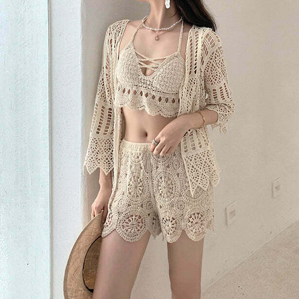 Hollow Knit Cardigan & Split Swimsuit Set | Gen Z Fashion & Streetwear