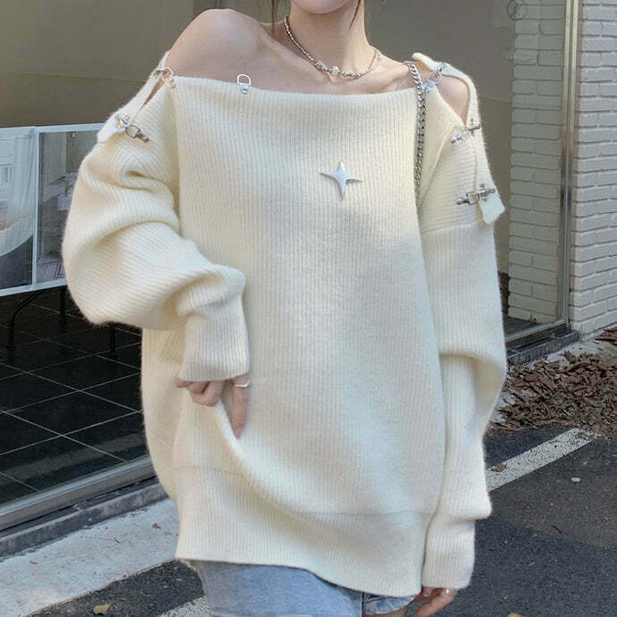 Hollow Knit Metal Snap Long Sleeve Sweater for Gen Z Streetwear